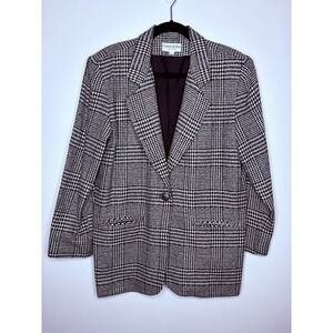 David Hollis Houndstooth Wool Blend Blazer Jacket Black White‎ Sz 12 Vintage 80s